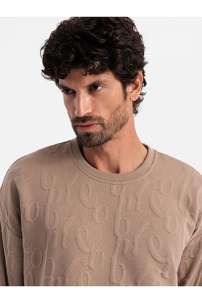 OMBRE Pánská mikina RELAXED FIT s vyraženými písmeny - hnědá V3 OM-SSNZ-0164 M