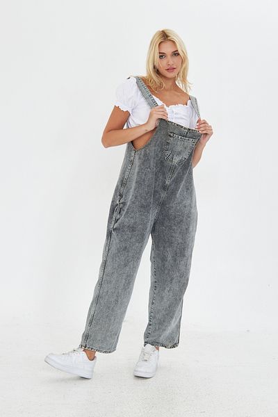 Kutaf Anthracite Adjustable Strap Oversize Cut Denim Salopet with Pockets
