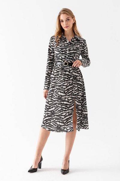 ribana Women's Shirt Neck Long Sleeve Satin Slit Print Midi Dress