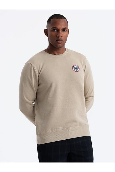 OMBRE Nicht dehnbares Sweatshirt für Herren mit Patch im College-Stil - Sand V3 OM-SSNZ-0134 S