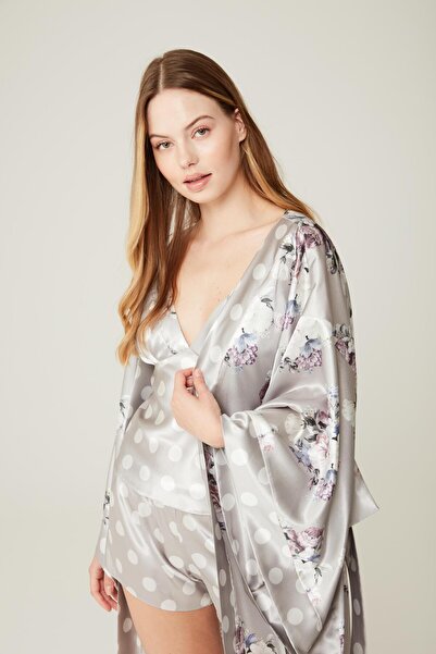 MISSDORE Mirabelle-Grey Saten Sabahlık Sort Büstiyer Takım Gri