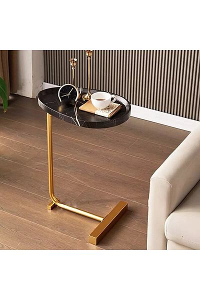 1st C-shaped Coffee Side Table With Water Resistant Top - Scandinavian Wood- Black And Gold Color