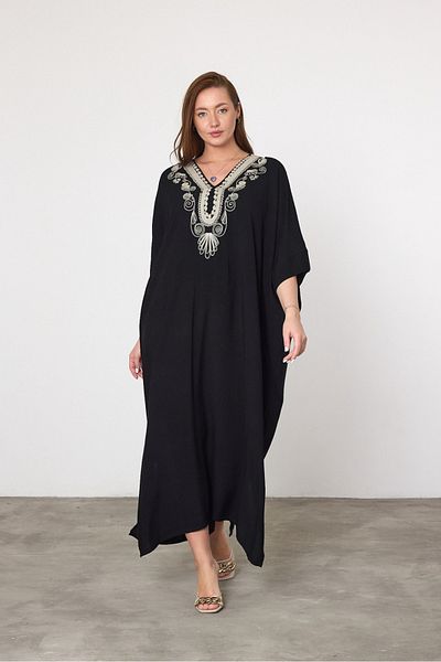 AYASOFYA OTANTIK Women's Black Ethnic Embroidery Detailed Overseize Loose Dress
