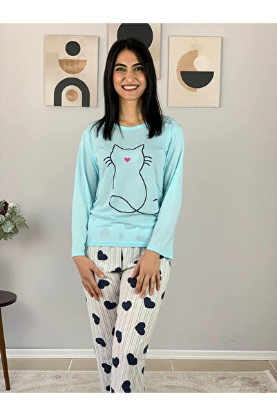 YusGos Women's Cat Motif Heart Pattern Pajamas Set (Blue-White)