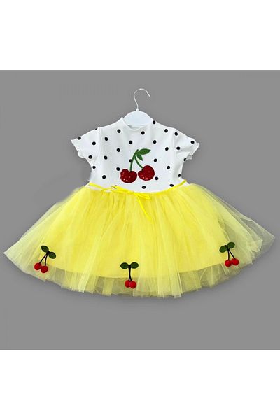 Ecenaz 1-2-3 Years Old Sequined Cherry Embroidered Cherry Skirt Baby Girl Tutu Dress Yellow