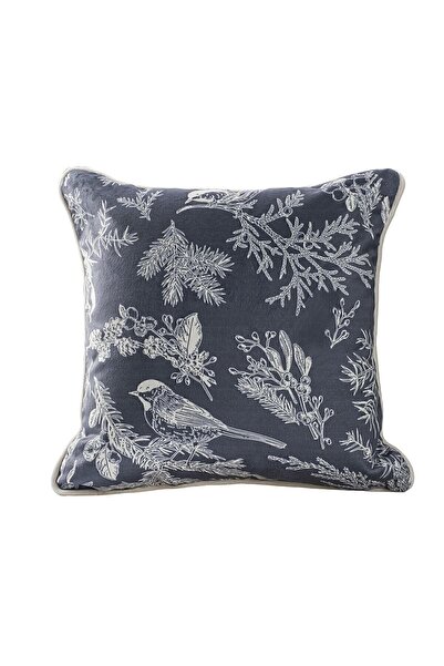 ASDİVA New Year Christmas Themed Gray Kokina Pine Cardinal Bird Patterned Gray Piped Throw Pillow Cover - Anthracite