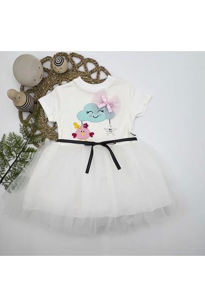 Ecenaz 1-2-3 Years Old Tulle Buckle Cloud Chick And Star Embroidered Baby Girl Dress White