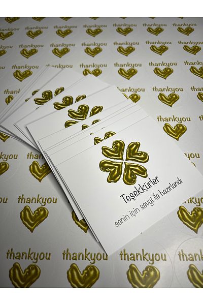 zeinapp Gold Hearted Thank You Card and Thank You Sticker Set Thank You Packaging Material 15+15 Pieces