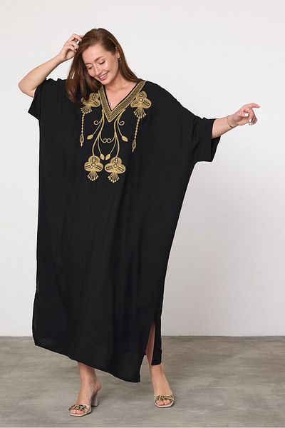 AYASOFYA OTANTIK Women's Black Ethnic Embroidery Detailed Overseize Loose Dress