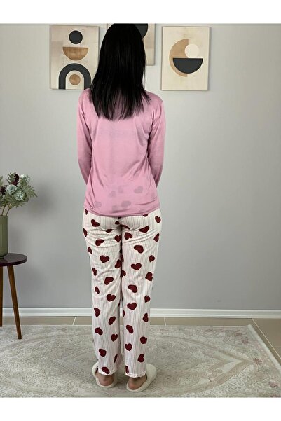 YusGos Women's Cat Motif Heart Pattern Pajamas Set (Pink-White)