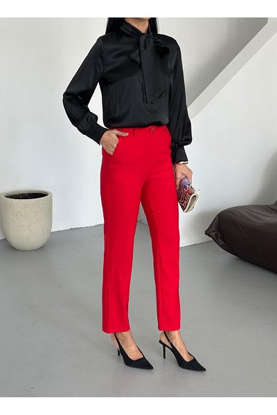 Appleline Red Women's Carrot Trousers - Tight Legs, Ankle Length