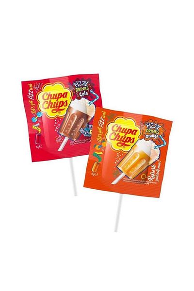 Chupa Chups Fizzy Cola and Orange Flavored Lollipop Candy 15 Gr X 25 Pieces