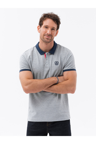 OMBRE Pánské polo triko s barevnými akcenty - šedá melanž V1 OM-POSS-0105 XXL