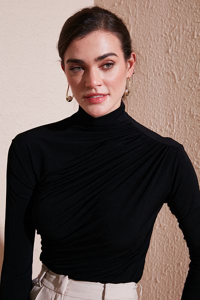 Lela Stretch Drawstring Detailed Slim Fit Stand Collar Blouse Bluz 669925