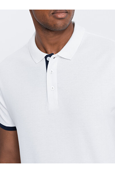 OMBRE Men's cotton polo shirt with contrast trim - white V1 OM-POSS-0113 L