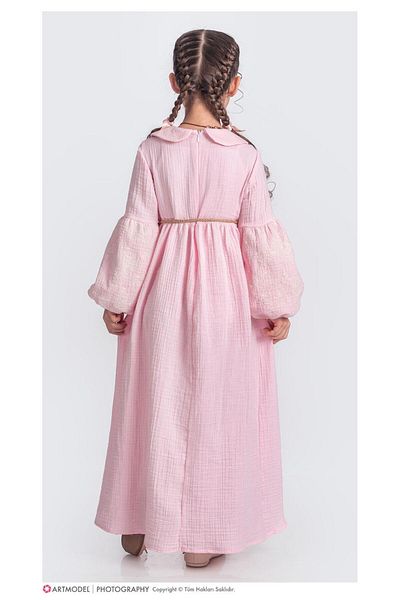 Sare Çocuk Giyim Girl's Pink Long Sleeve Muslin Hijab Dress +(Belt-Necklace)