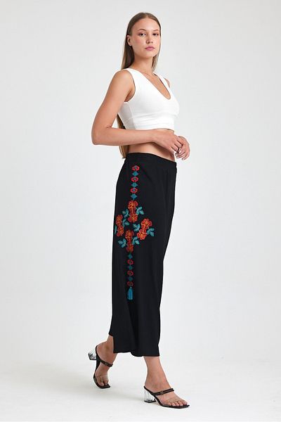 AYASOFYA OTANTIK Women's Black Floral Embroidery Embroidered Elastic Waist Pants