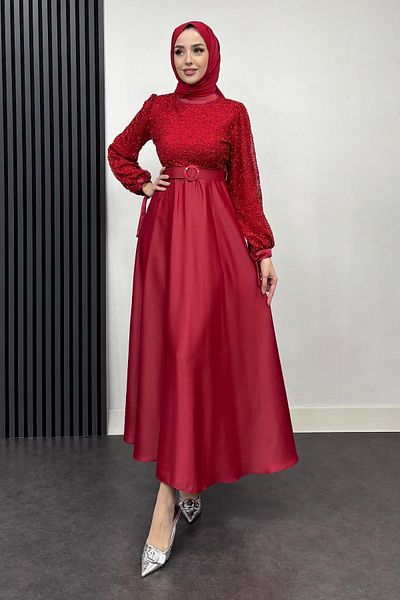 Tesettür Diyarı Women's Beaded Axis Embroidered Evening Dress