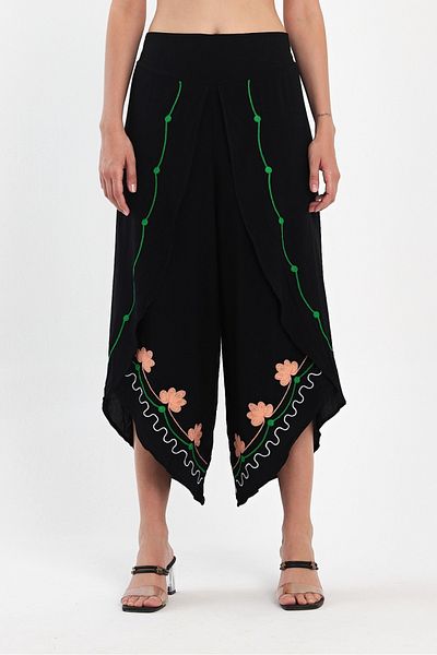 AYASOFYA OTANTIK Women's Black Ethnic Authentic Embroidery Embroidered Elastic Waist Pants