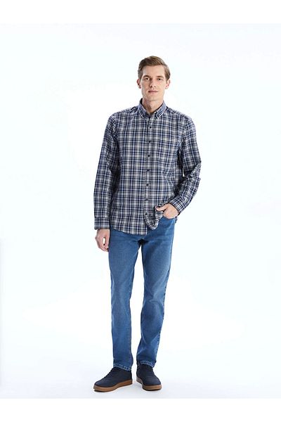 LC Waikiki Ανδρικό μακρυμάνικο καρό πουκάμισο Lcwaikiki Classic Navy Blue Regular Fit