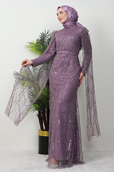 GİYZAMİLA Duru Taşlı Abiye Lila