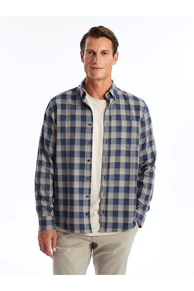 LC Waikiki Lcwaıkı Classic Beige Regular Fit Long Sleeve Plaid Gabardine Men's Shirt