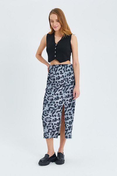 Mixray 4615 Women's Slit Leopard Pattern Pencil Skirt Anthracite