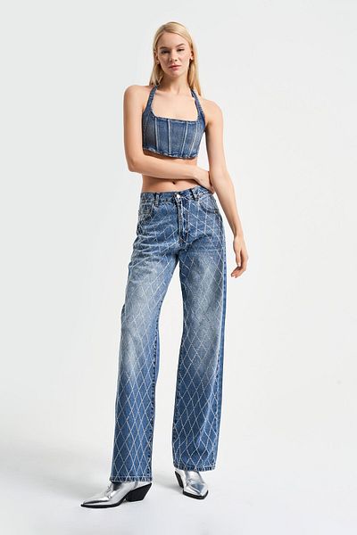 its basic Blugi de damă de culoare albastră Rita față complet cu pietre, denim cu talie mijlocie