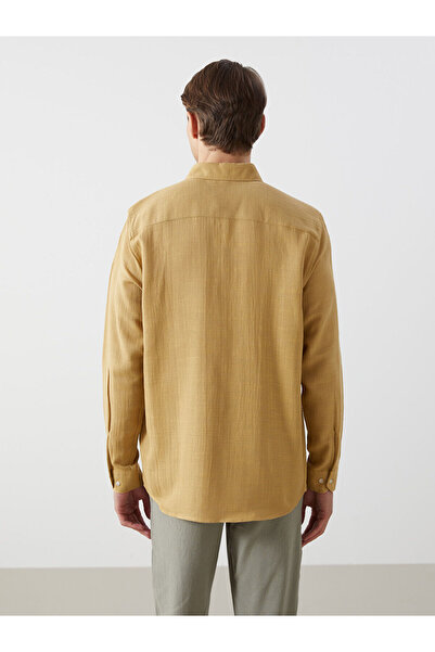 BGW Erkek Slim Fit Uzun Kollu Armürlü Kumaş Sarı Gömlek