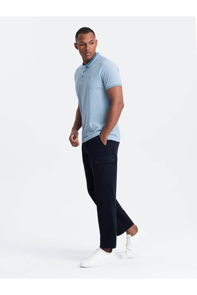 OMBRE Tricou polo pentru bărbați cu guler în dungi - albastru V3 OM-POSS-0109 XL