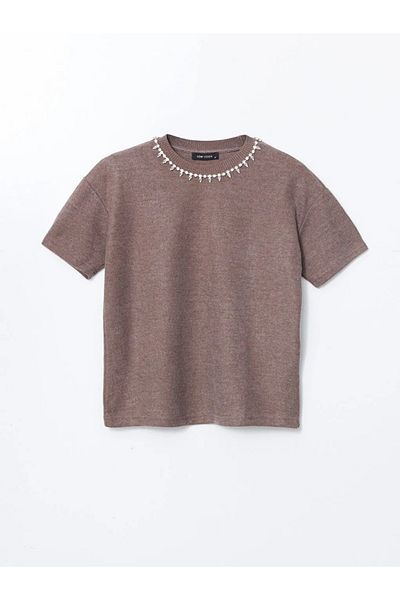 LC Waikiki Pulover tricotaj pentru femei LCW Vision Brown Crew Gât Stone