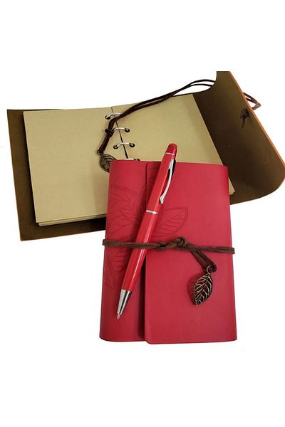 VİCEM Red Leather Notebook and Pen Set with Special Wooden Box
