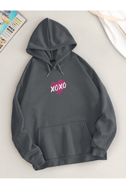 De Carte Xoxo Heart Print Off-Shoulder Seasonal Hooded Sweatshirt