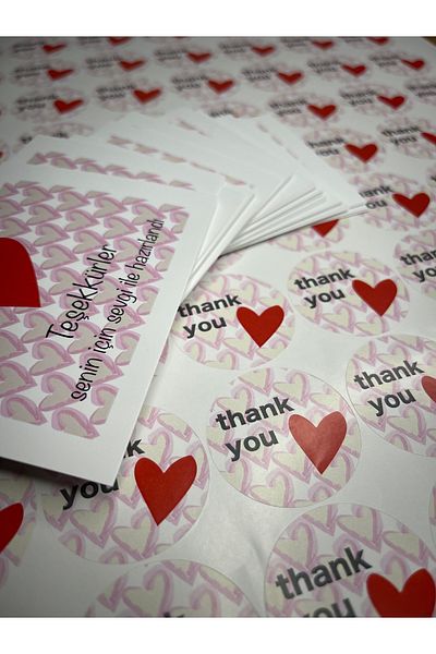 zeinapp Hearted Thank You Card and Thank You Sticker Set Thank You Packaging Material 15+15 Pieces