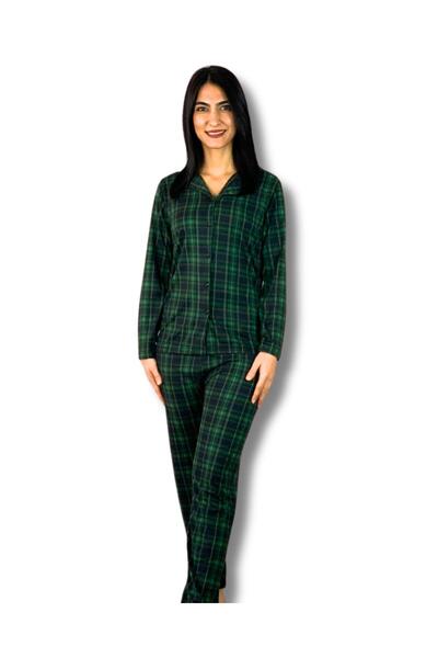 YusGos Women's Plaid Patterned Suede Buttoned Pajamas Set (Green)