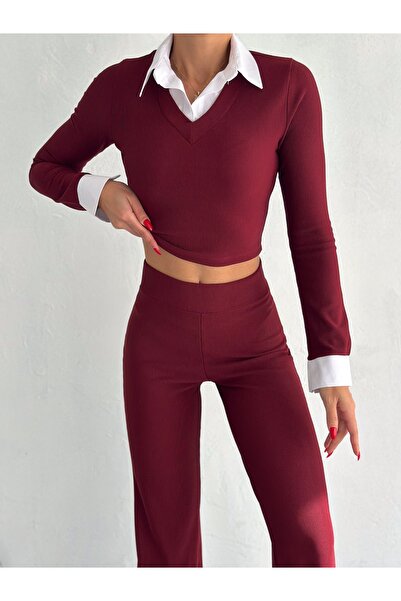 Cistern İstanbul Women's Burgundy Shirt Collar Detailed Bottom Top Set