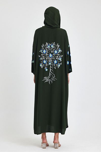 AYASOFYA OTANTIK Χακί Χρώμα Oversize Φόρεμα με κουκούλα - Life Tree Printed, Πέτο με φερμουάρ