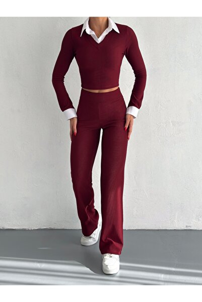 Cistern İstanbul Women's Burgundy Shirt Collar Detailed Bottom Top Set