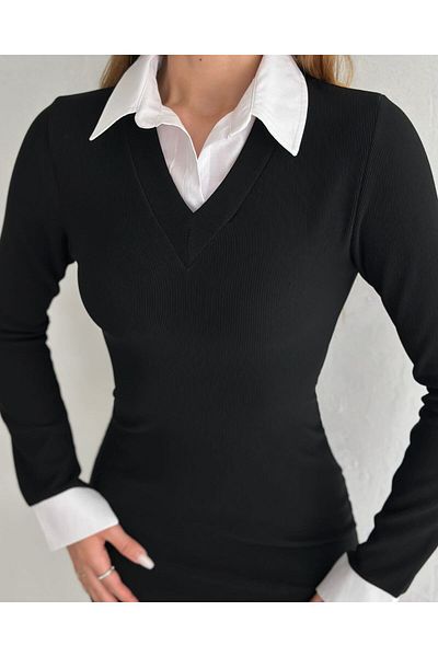 Cistern İstanbul Women's Black Shirt Collar Ottoman Fabric Dress