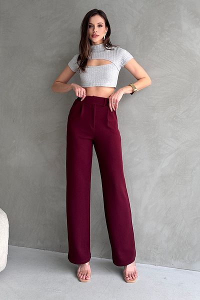 modavingo Women's Burgundy High Waist Elastic Waist Velcro Palazzo Fabric Trousers