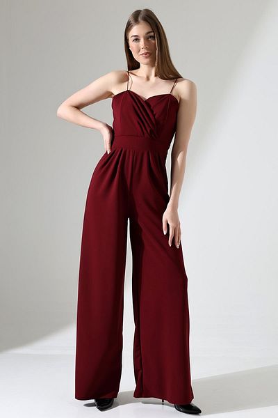 Deafox Burgundy Double Breasted Collar Imported Crepe Fabric Jumpsuit