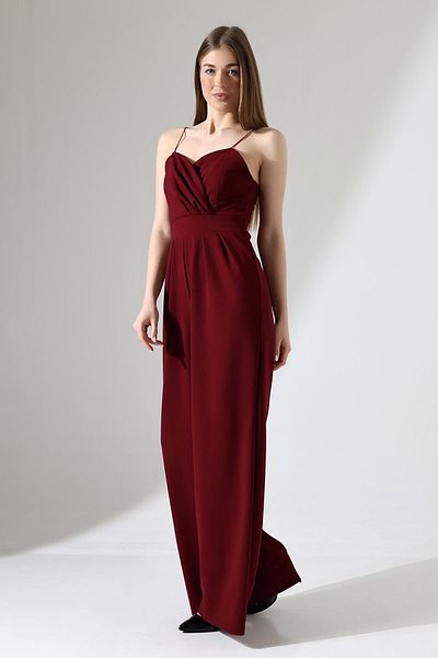 Deafox Burgundy Double Breasted Collar Imported Crepe Fabric Jumpsuit