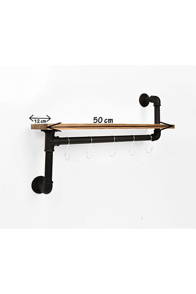 HOMS Industrial style shelf with kitchen hooks Homs 50x12 walnut-black