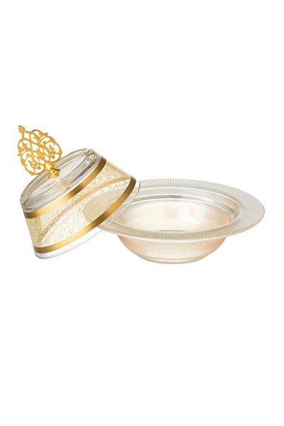 HIC Dates Plate metal silver and golden with glass cover modern design diameter 17.5 cm