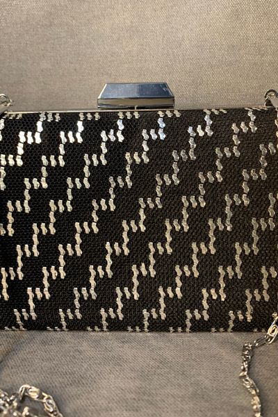 Uretti - Zekiye 2776 Geantă de rochie de seară neagră, de culoare argintie, lucrată manual - 10 X 20 Cm