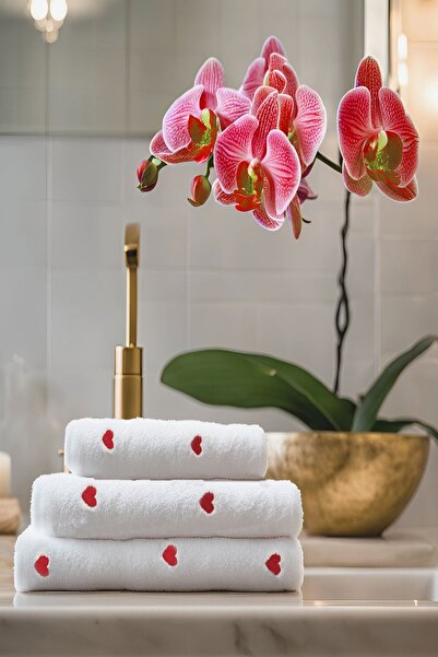 Mira Home 3 Piece Heart Embroidered Bath Towel Set 100% Cotton Lovely Set