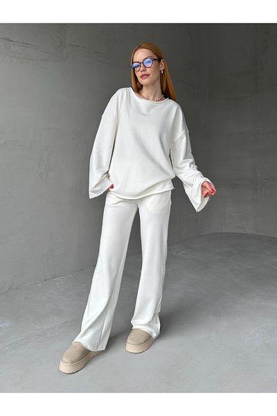 Cappmoda Tkm-1201 White Dirty Stitched Loose Model Blouse Palazzo Pants Two Thread Seasonal Double Suit