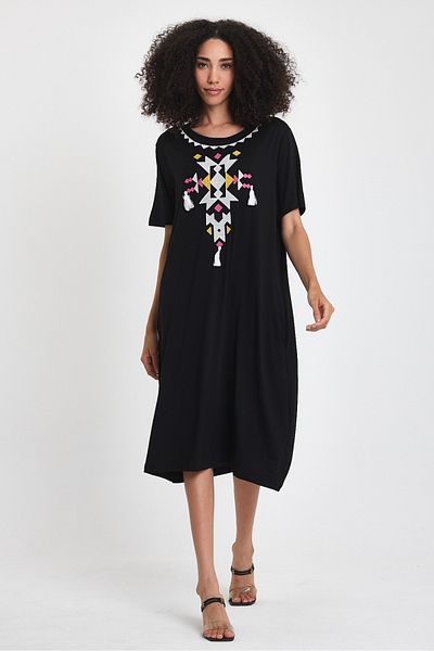 AYASOFYA OTANTIK Women's Black and White Ethnic Embroidery Detailed Short Sleeve Combed Cotton Dress