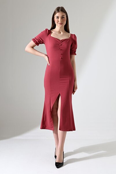 Deafox Gül Kurusu Önden Yırtmaçlı Düğme Detay Kısa Kollu Krep Elbise