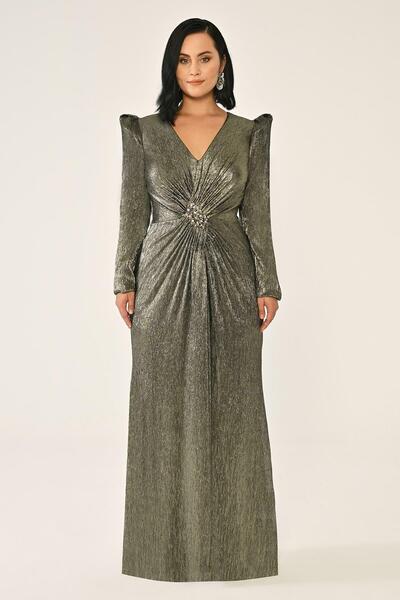 ALFABETA Uzun Kollu Vatkalı Broşlu Parlak Uzun Abiye Elbise